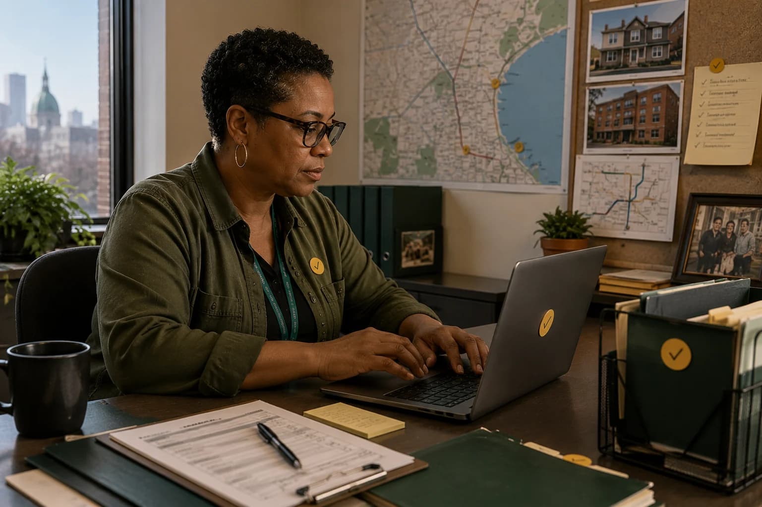 Milwaukee coordinator working at desk with city map and housing photos behind her