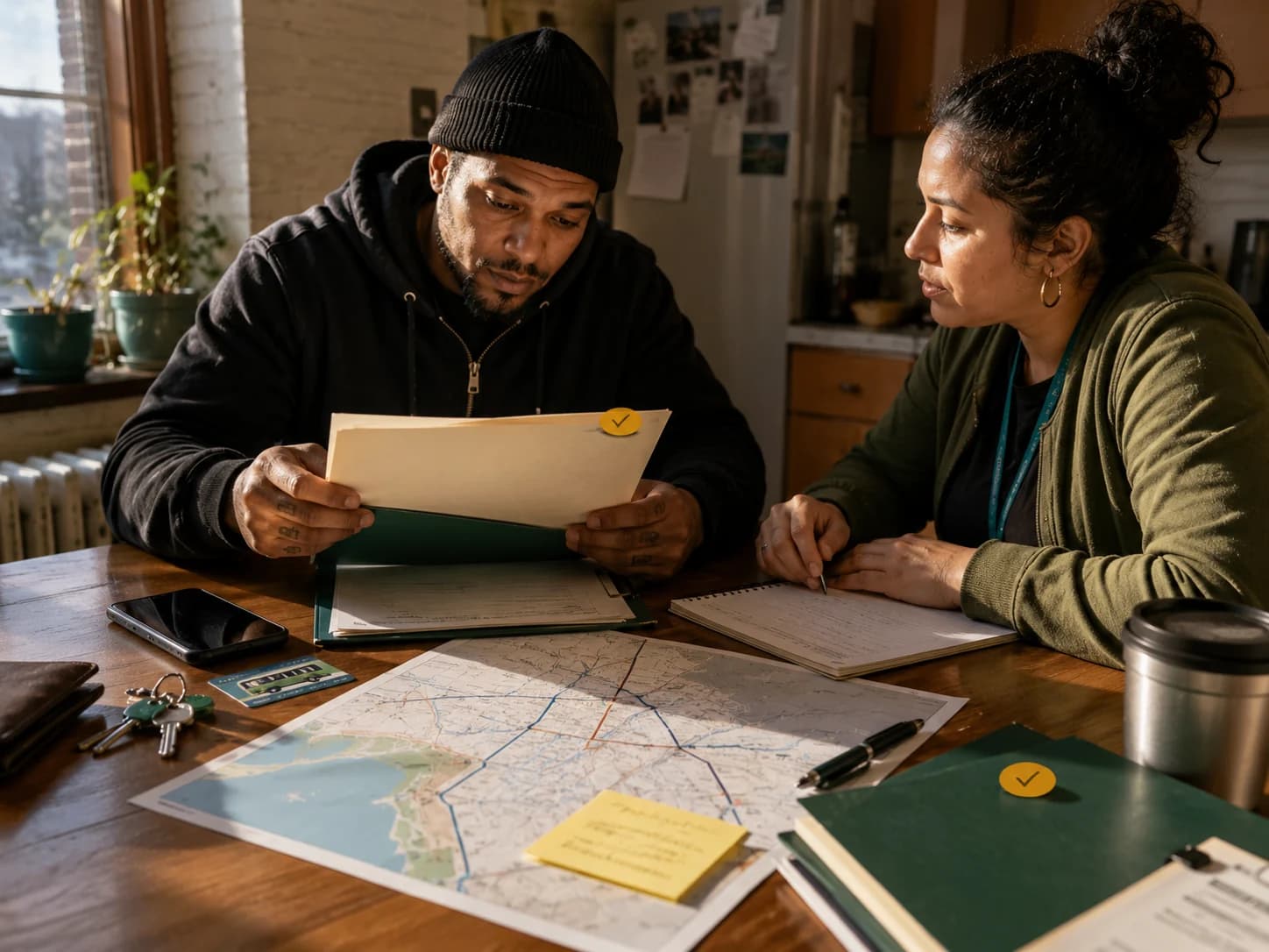 Navigator and client reviewing housing documents at a kitchen table